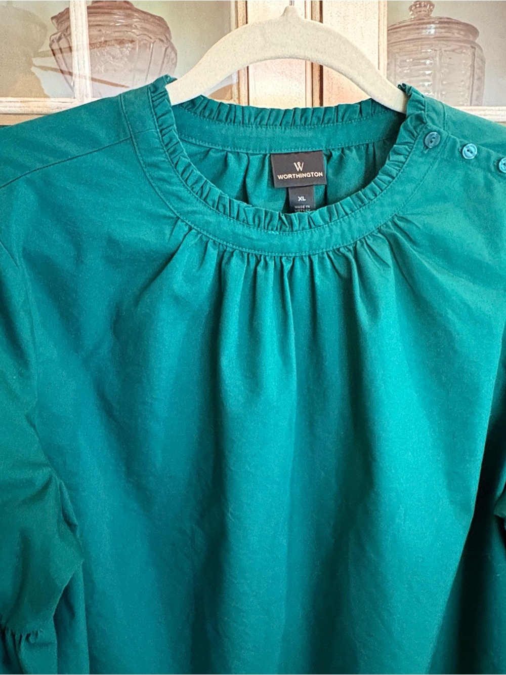 Worthington Deep Green Cotton Blend Balloon Sleeve Blouse - Picture 3 of 8